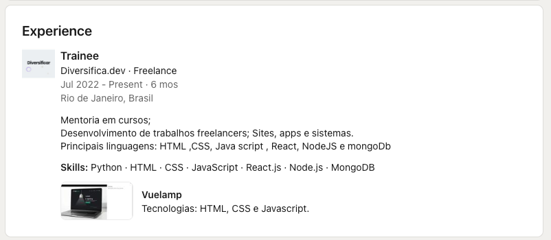 Exemplo experiência no LinkedIn